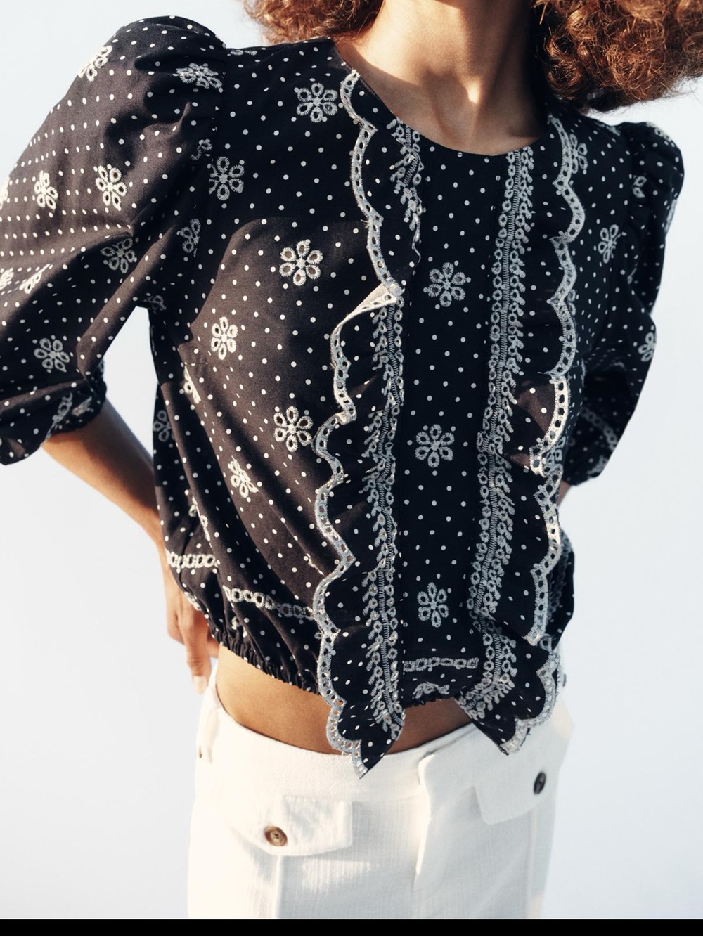 EMBROIDERED PERFORATED POLKA DOT BLOUSE